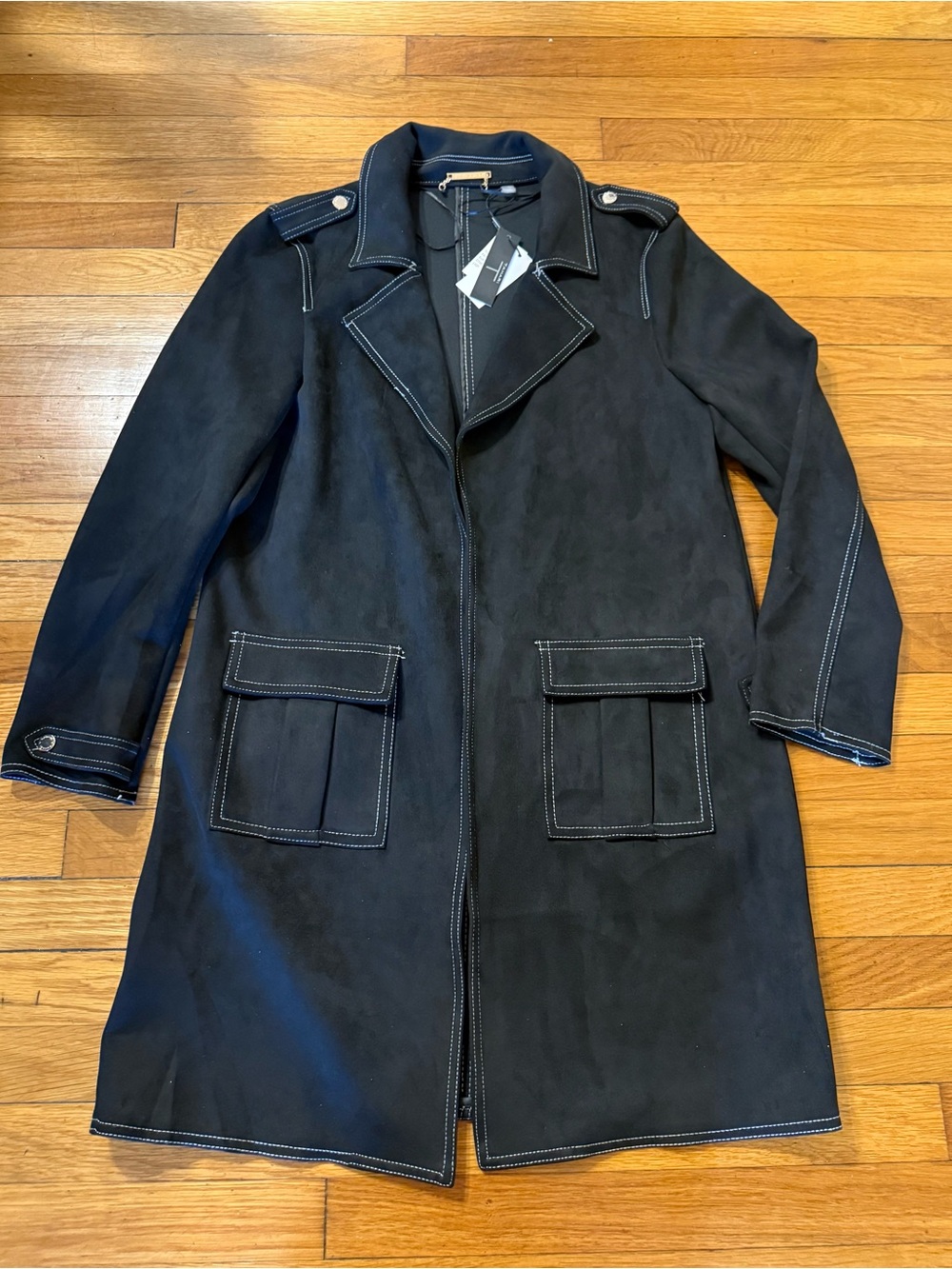 NWT Tahari Indie Sleek Faux Leather Moto Duster Trench Black Coat L Downtown